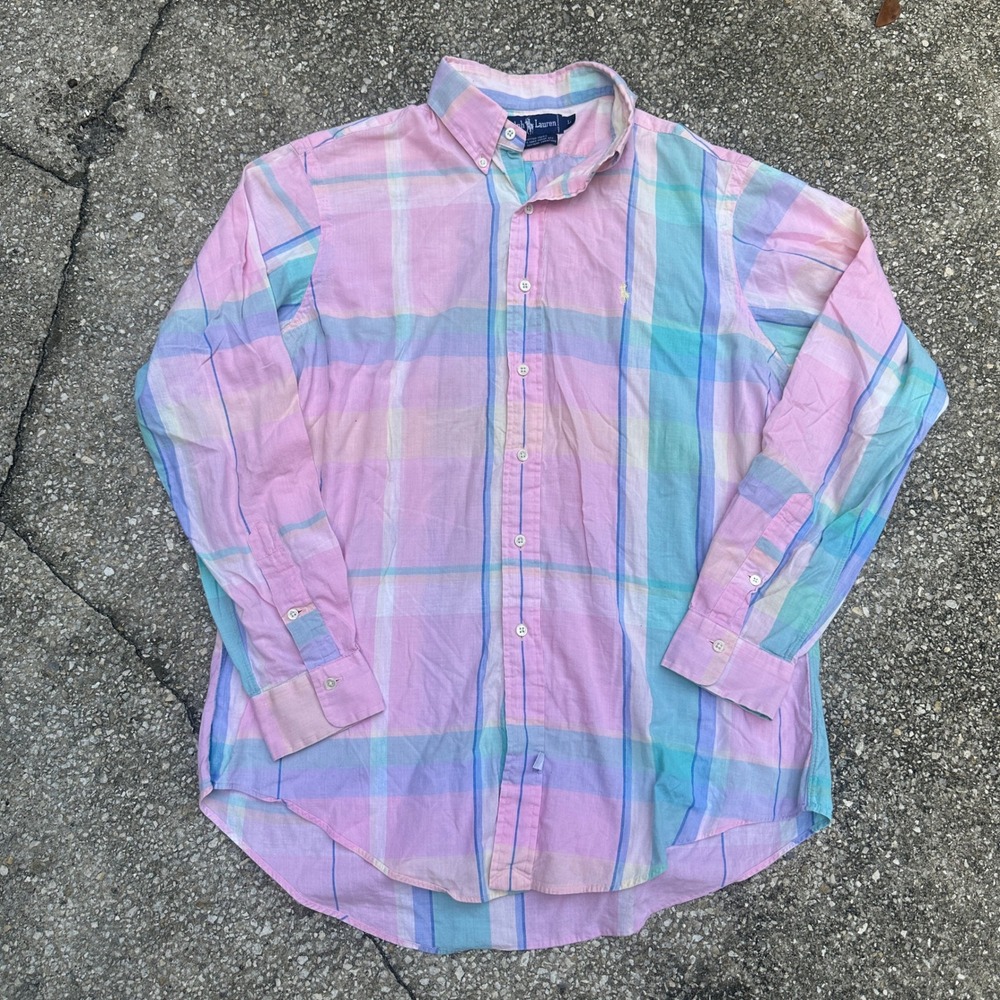 Vtg 80s Polo Ralph Lauren Mens Large Madras Plaid Button Down Pastel Pink Blue